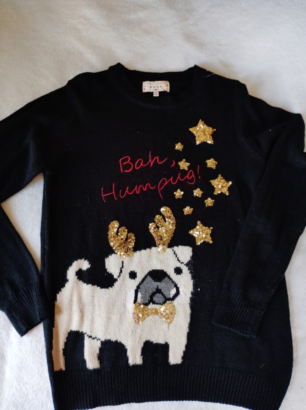 Bah Humpug Ugly Christmas Sweater Black Sequin Pug Dog Antlers